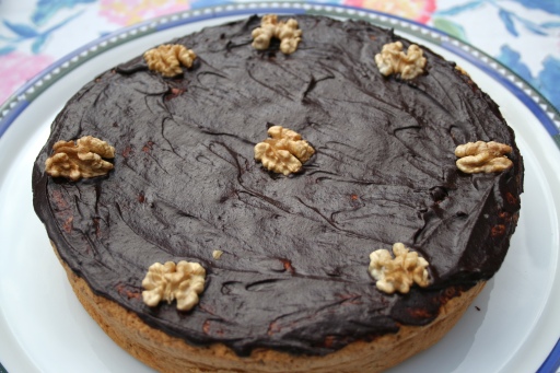 Walnut cake with chocolate icing