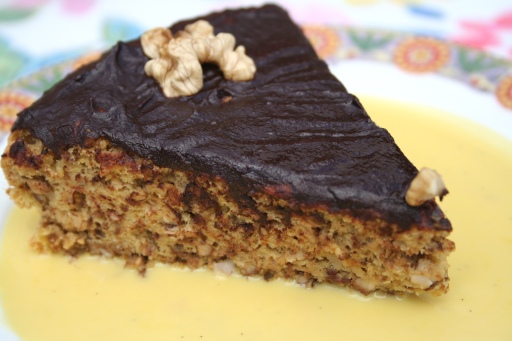 Walnut cake with chocolate icing